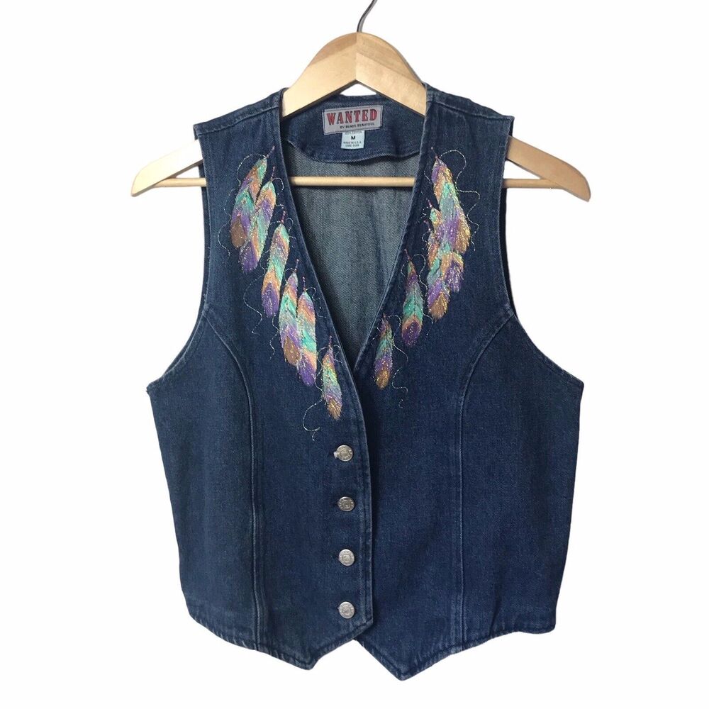 Vintage Wanted by Beads‎ Beautiful Womens Denim Vest Painted Feathers Detail